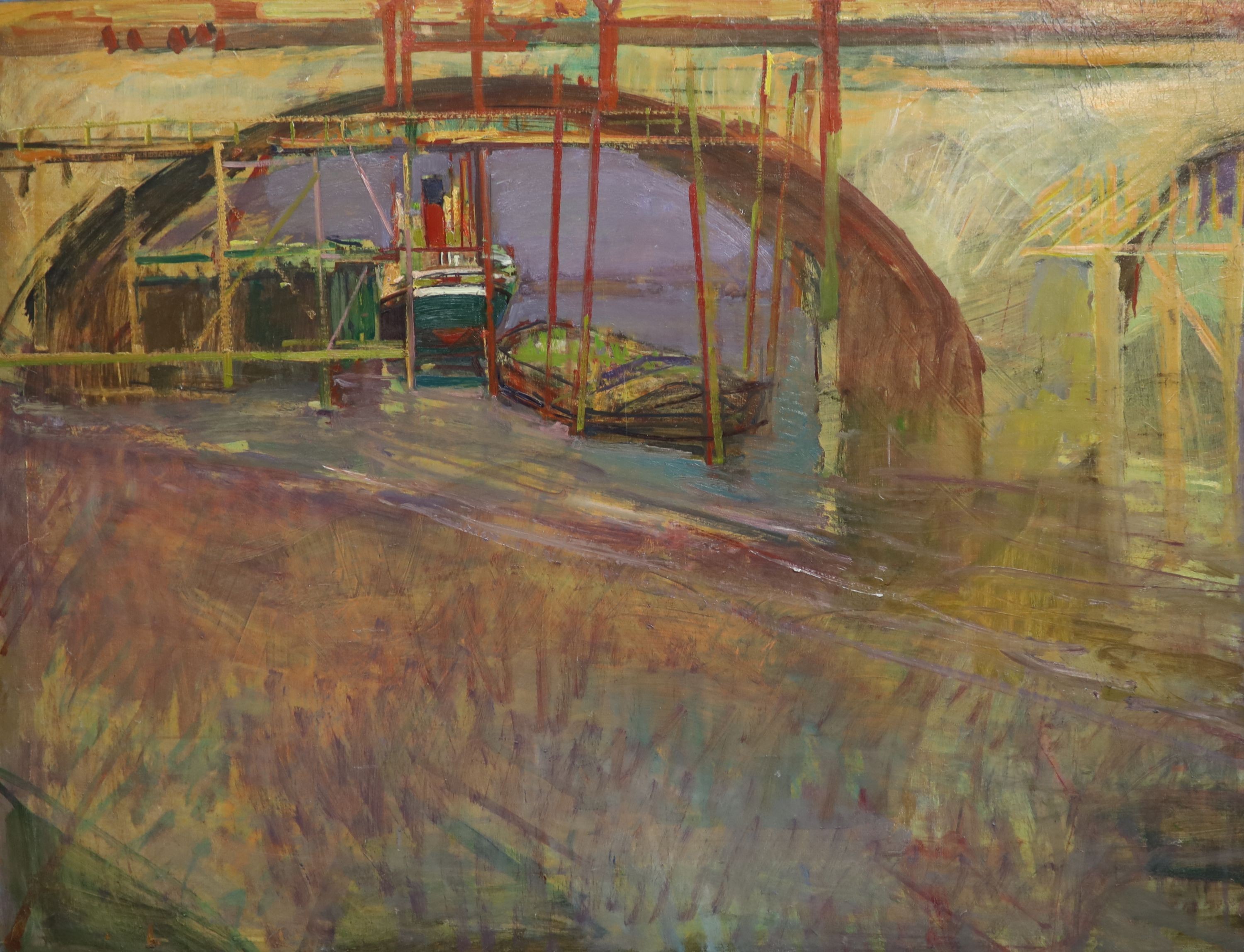 David Graham (b.1926), London Bridge, oil on canvas, 85 x 110cm, unframed
